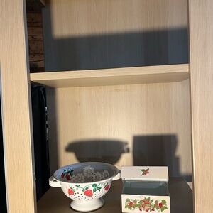 White Ceramic Colander with Red Strawberry Pattern